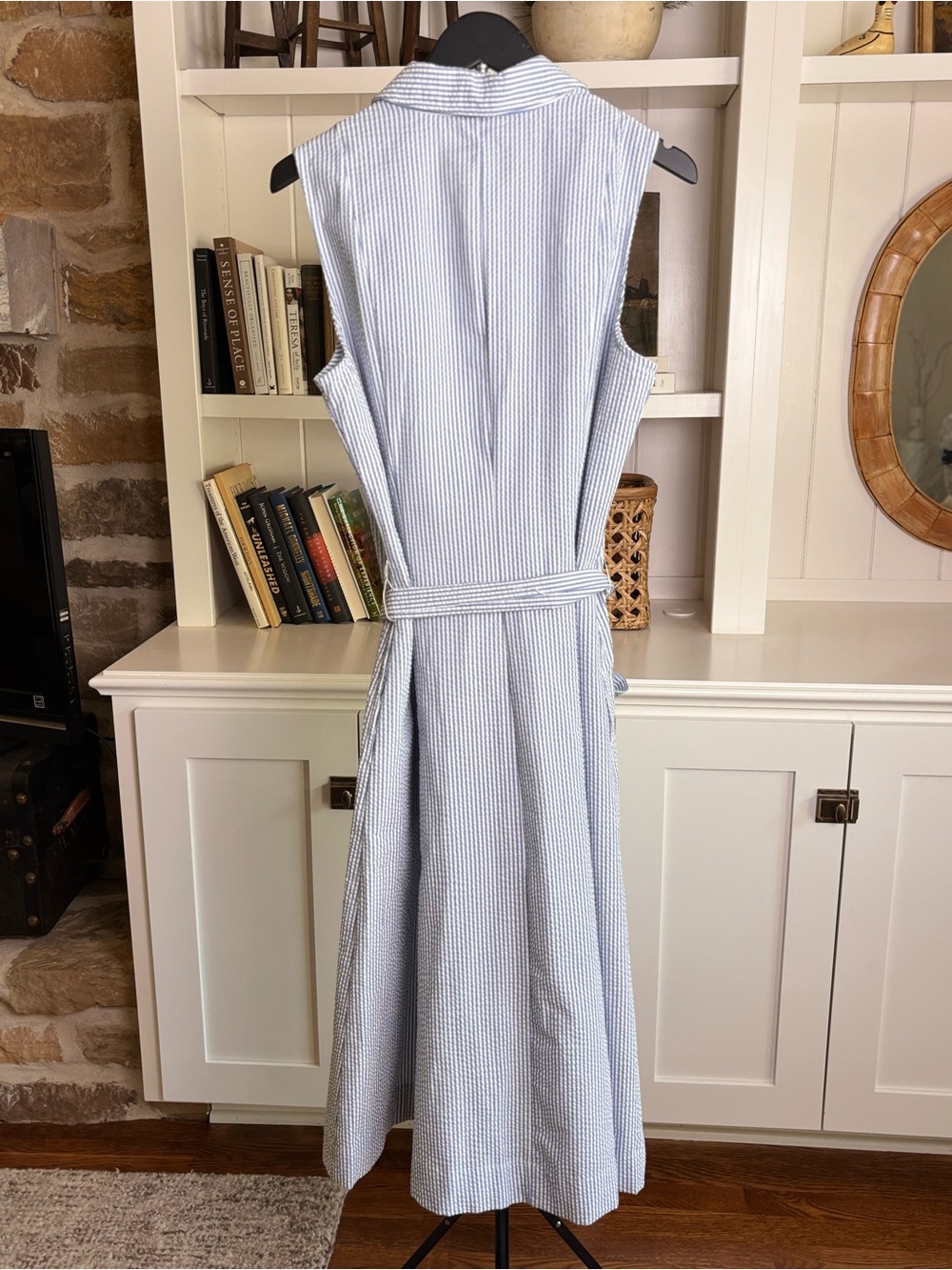 ๐ Anne Klein | Seersucker Midi Shirtdress | No Tag ~Size 8-10 | Blue & White - Picture 7 of 10